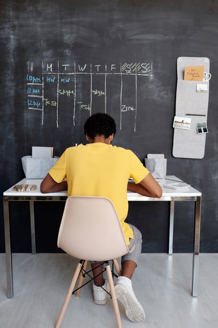 The Art of Drawing Readers In: Your attractive post title goes here A teenager focuses on studying at a desk, with a blackboard displaying a schedule in the background.